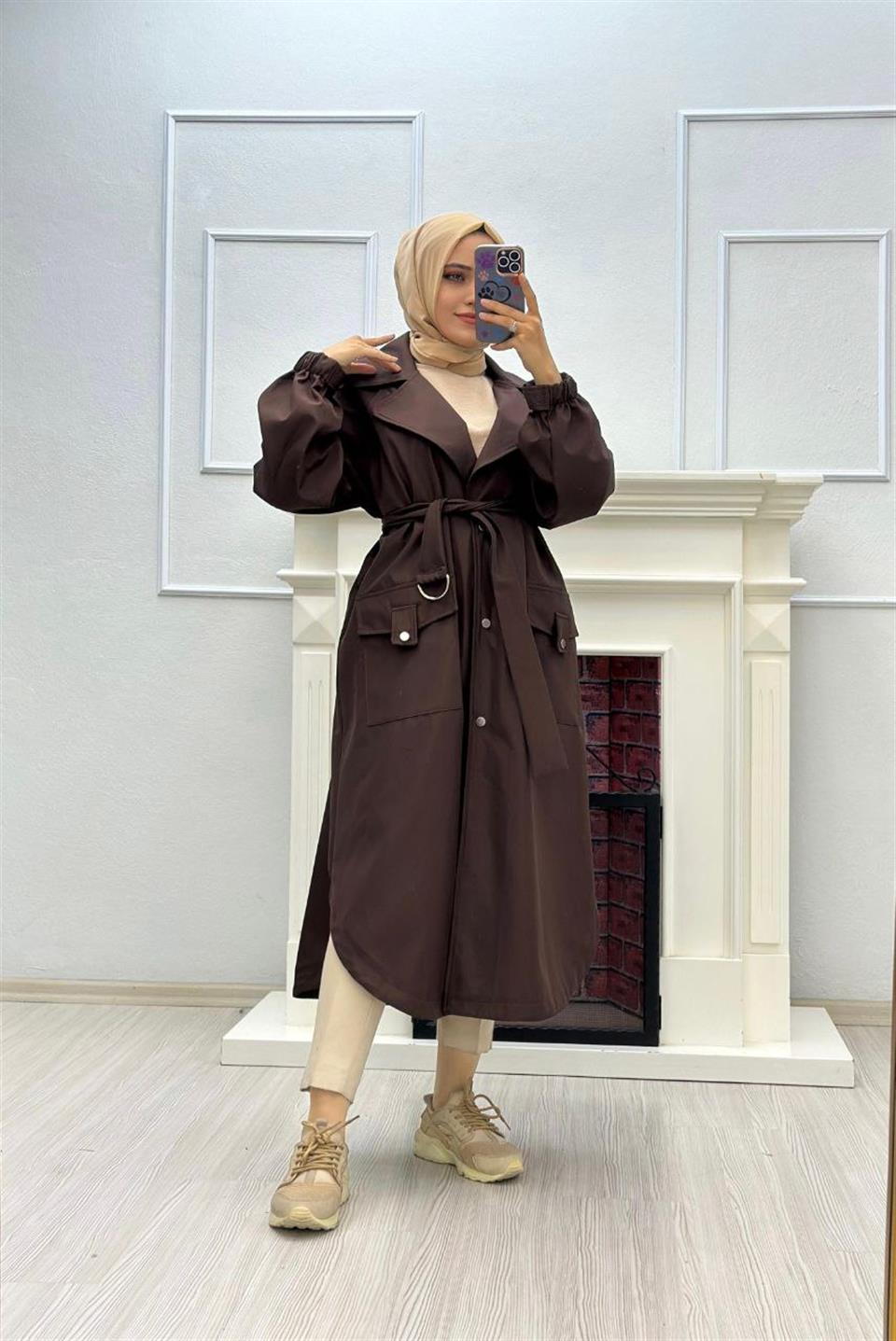 Torba Cepli Tesettür Trençkot 6074 Kahverengi