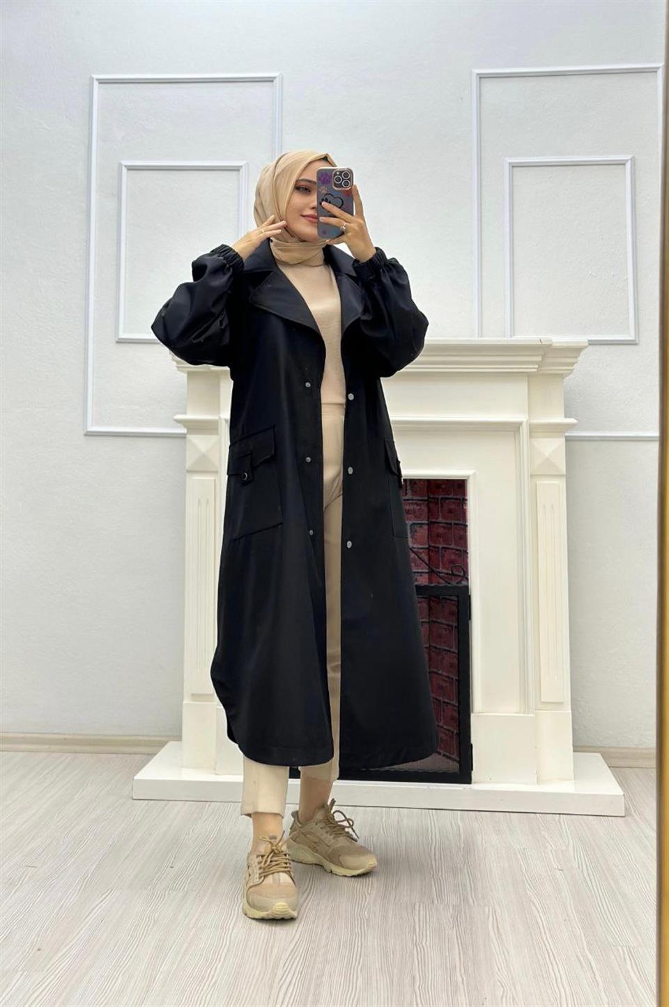 Torba Cepli Tesettür Trençkot 6074 Siyah