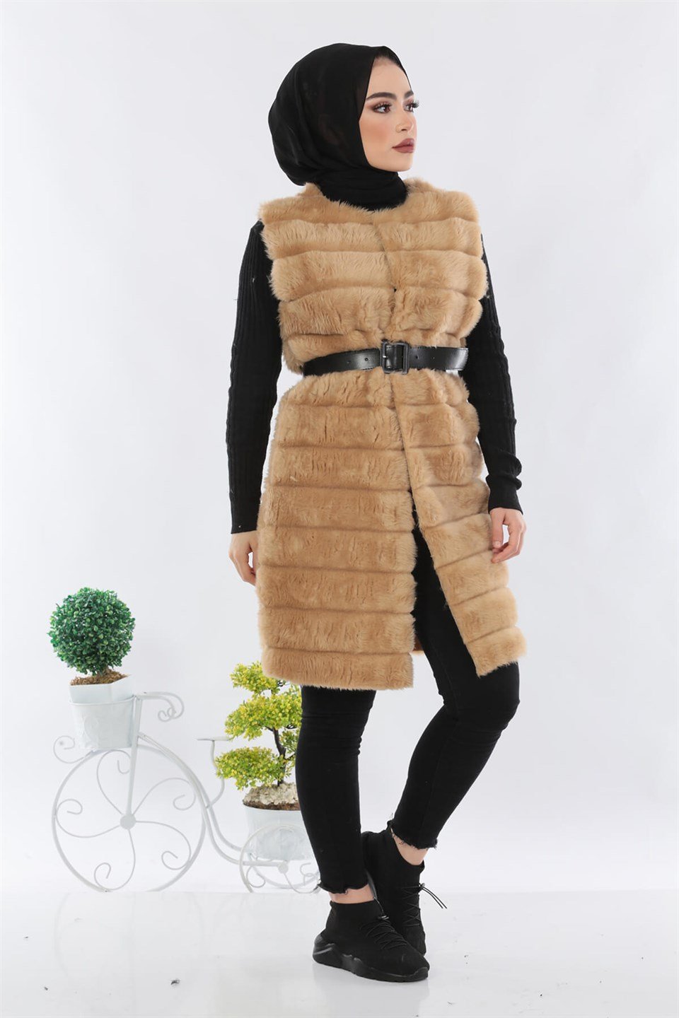 Uzun Peluş Yelek 5984 Bej