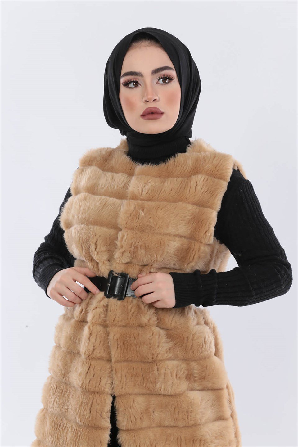 Uzun Peluş Yelek 5984 Bej