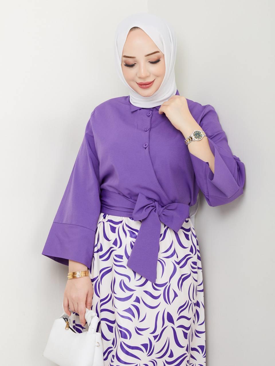 Yandan Bağlamalı Tunik Desenli Etek Takım 2279 Mor