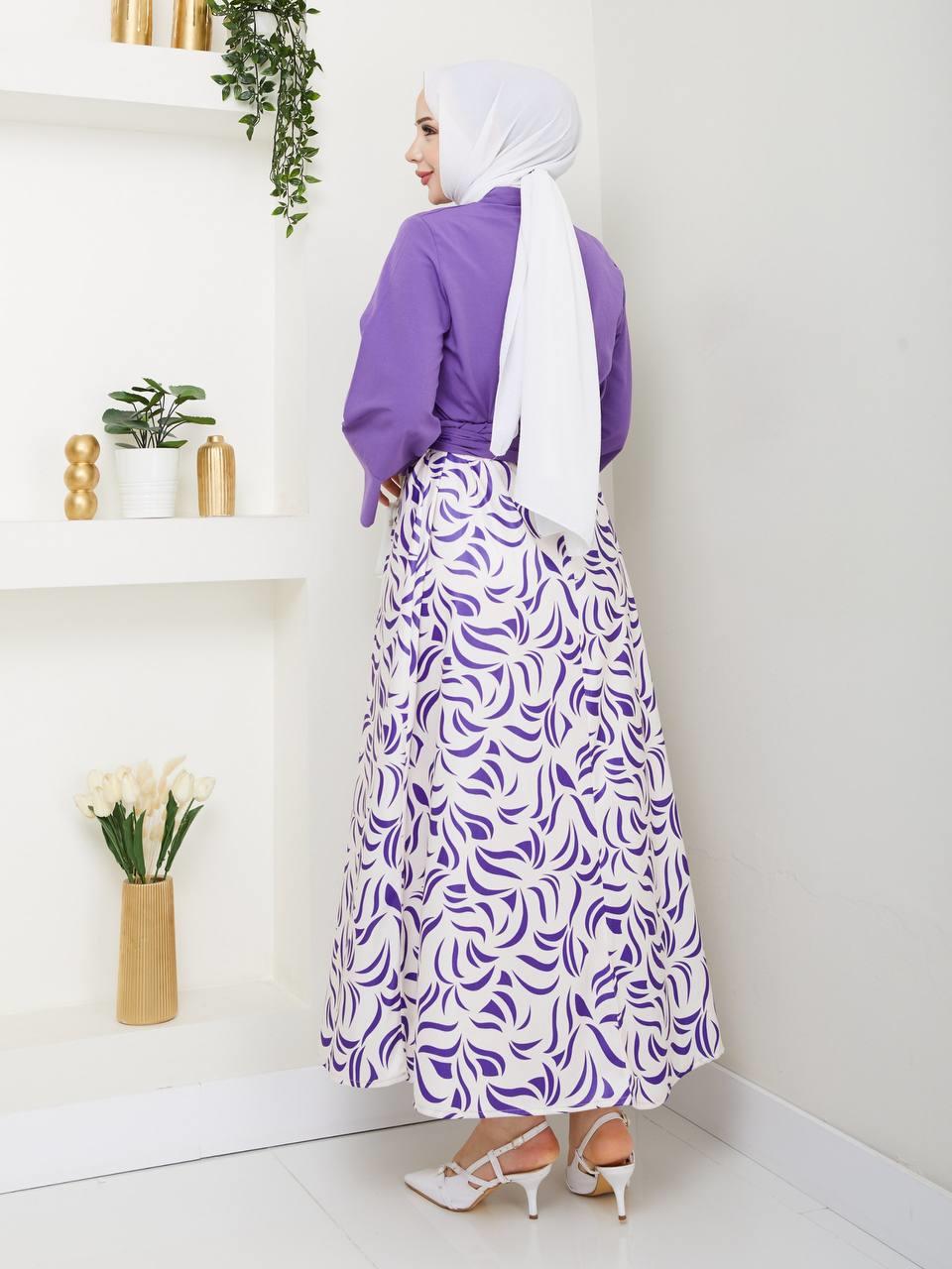 Yandan Bağlamalı Tunik Desenli Etek Takım 2279 Mor