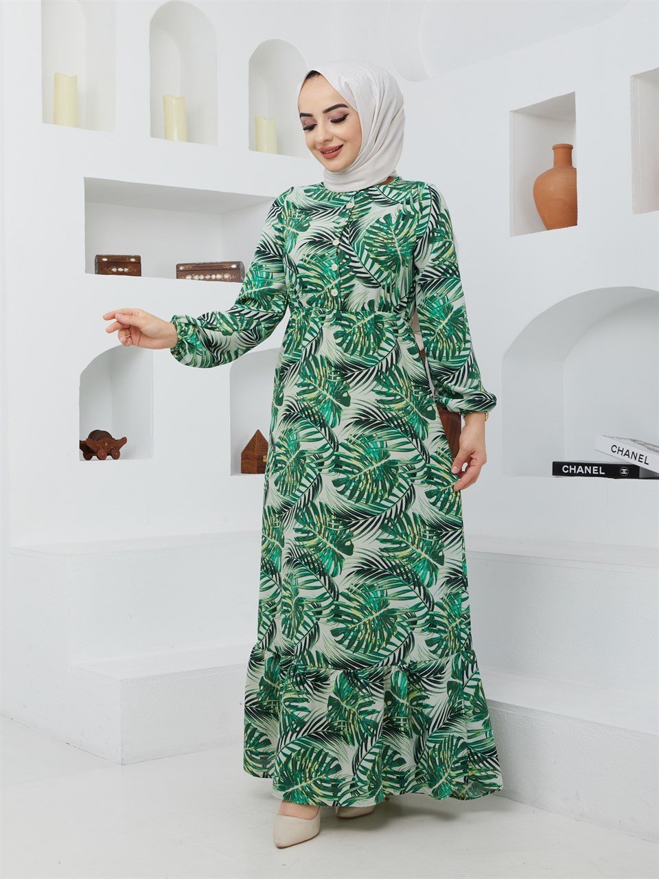 Yaprak Desenli Tesettür Elbise BLB 8800-64 Yeşil