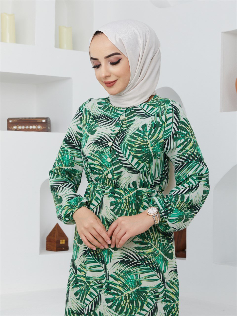 Yaprak Desenli Tesettür Elbise BLB 8800-64 Yeşil