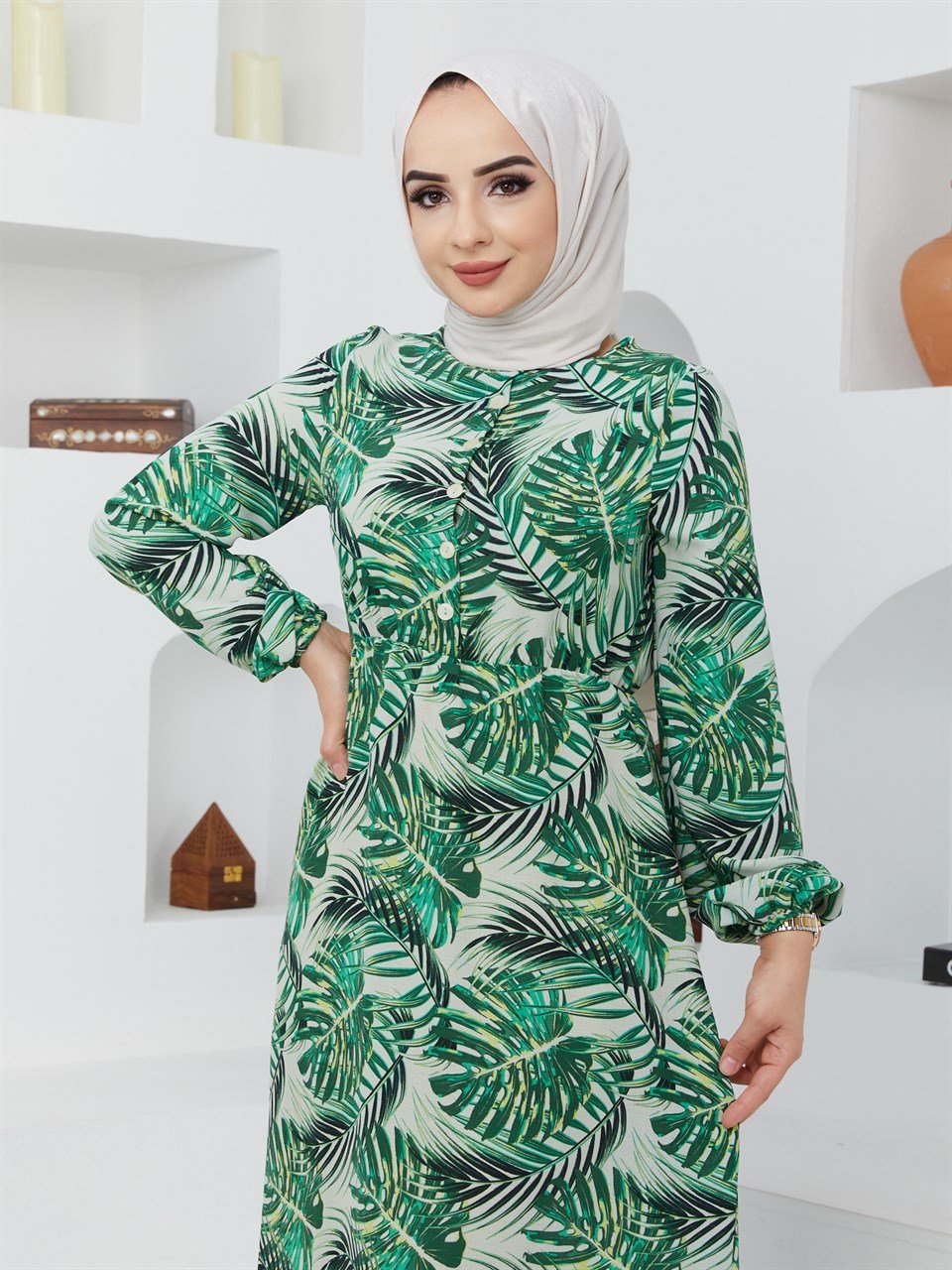 Yaprak Desenli Tesettür Elbise BLB 8800-64 Yeşil