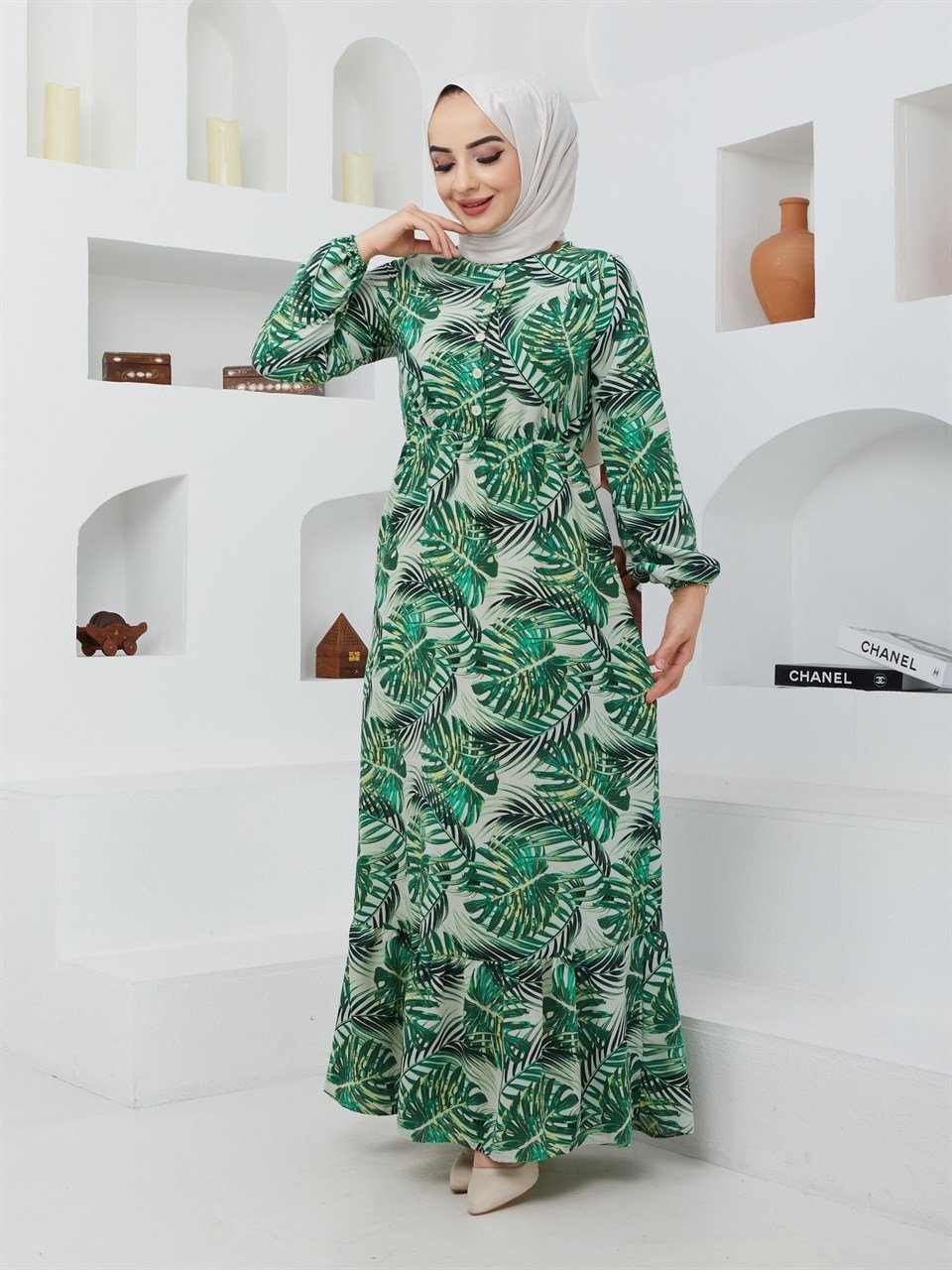 Yaprak Desenli Tesettür Elbise BLB 8800-64 Yeşil