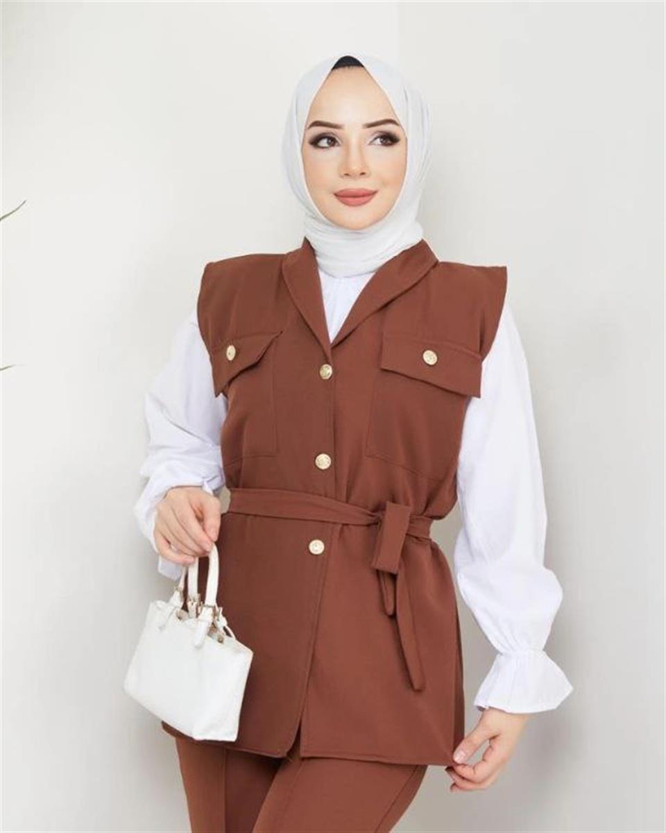Yelek Bluz Pantolon 3'lü Kombin 6051 Taba