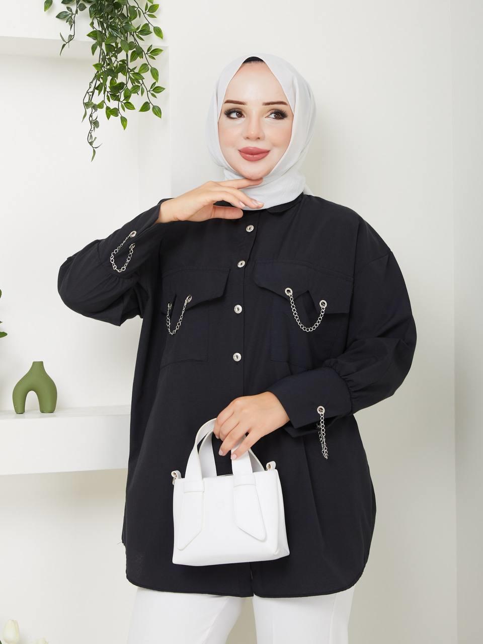 Zincir Detaylı Tesettür Tunik 5037 Siyah