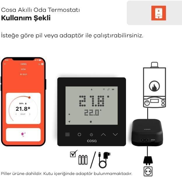 Cosa Akıllı Oda Termostatı Kablosuz Kombi Kontrolü v5 - Siyah