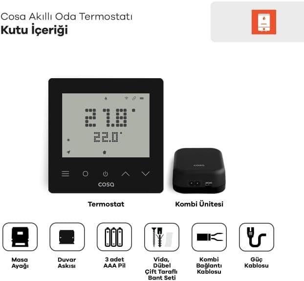 Cosa Akıllı Oda Termostatı Kablosuz Kombi Kontrolü v5 - Siyah