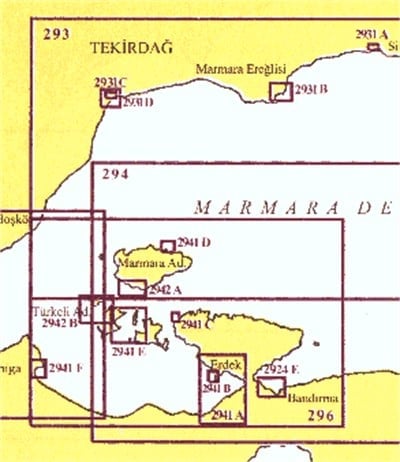 TR 2941 Harita: Marmara Denizi Limanları: Erdek, İlhanköy, Saraylar, Yiğitler Geçidi, Karabiga