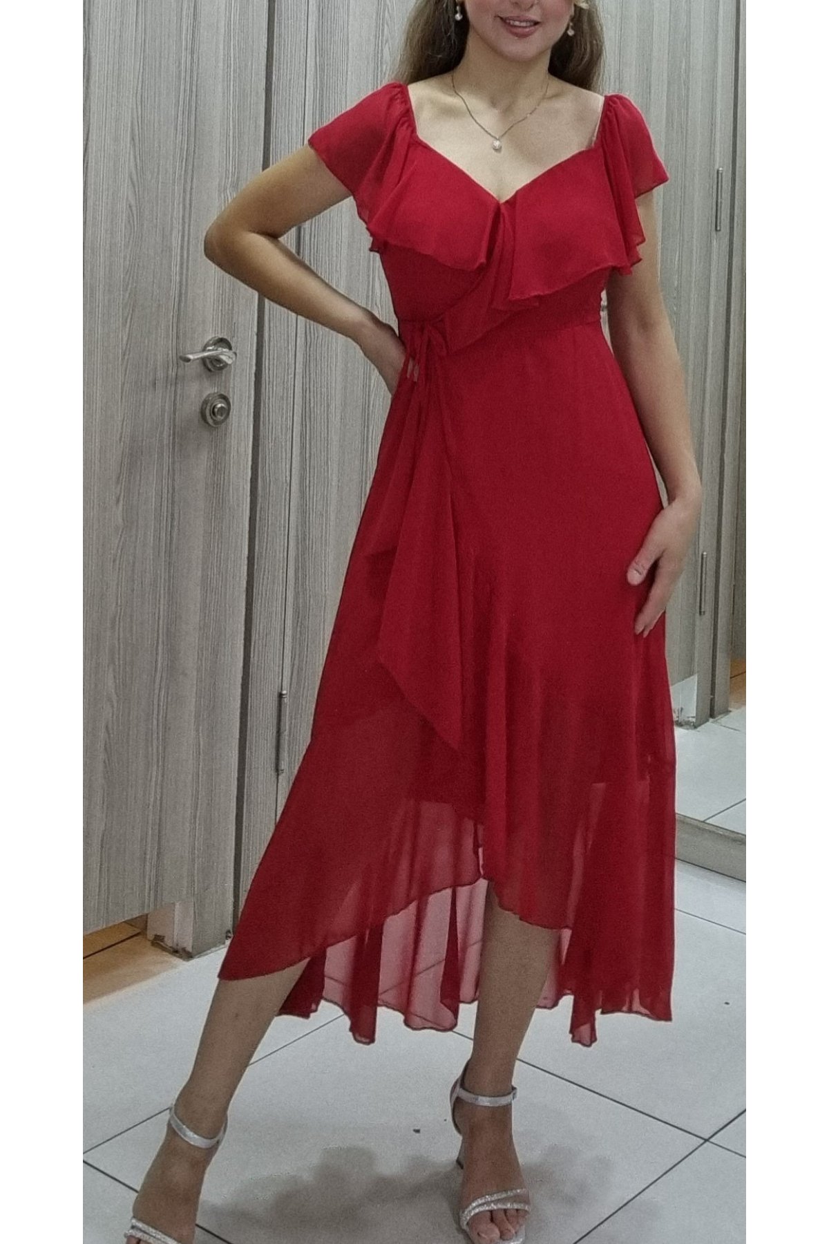 Abiye Elbiseler 2519A Kırmızı Anvelop Şifon Elbise - Maya Butik