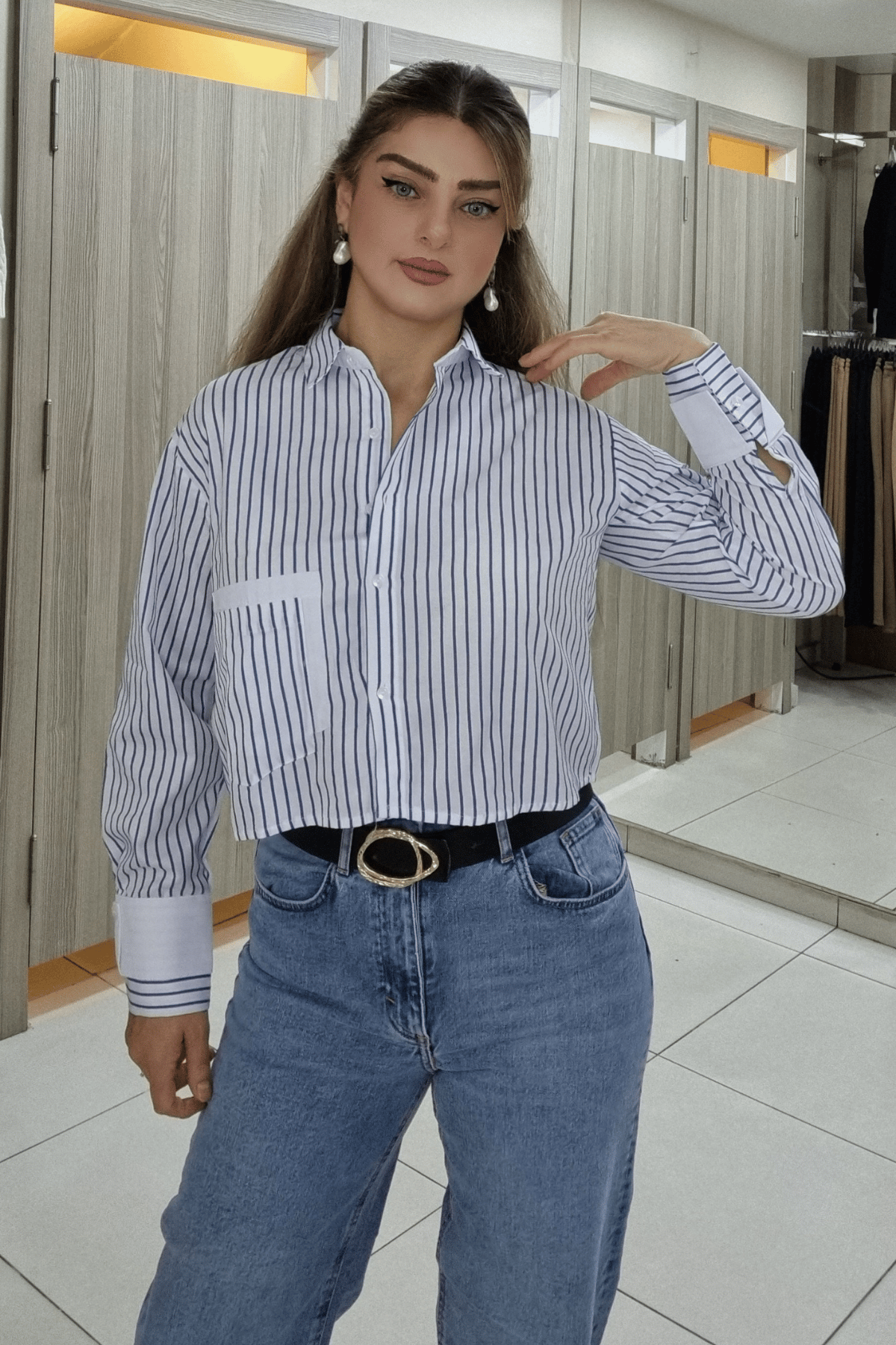Gömlek 2769Ç Çizgili Kısa Tasarım Gömlek - Maya Butik