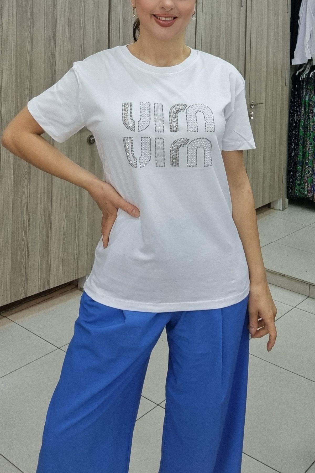 Bluz 4646 Taşlı Miu Miu Tshirt - Maya Butik