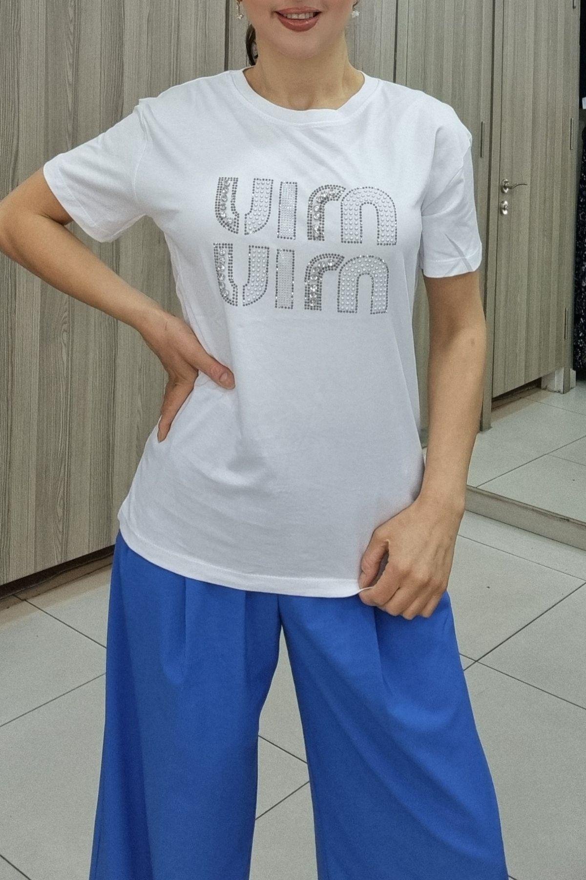 Bluz 4646 Taşlı Miu Miu Tshirt - Maya Butik
