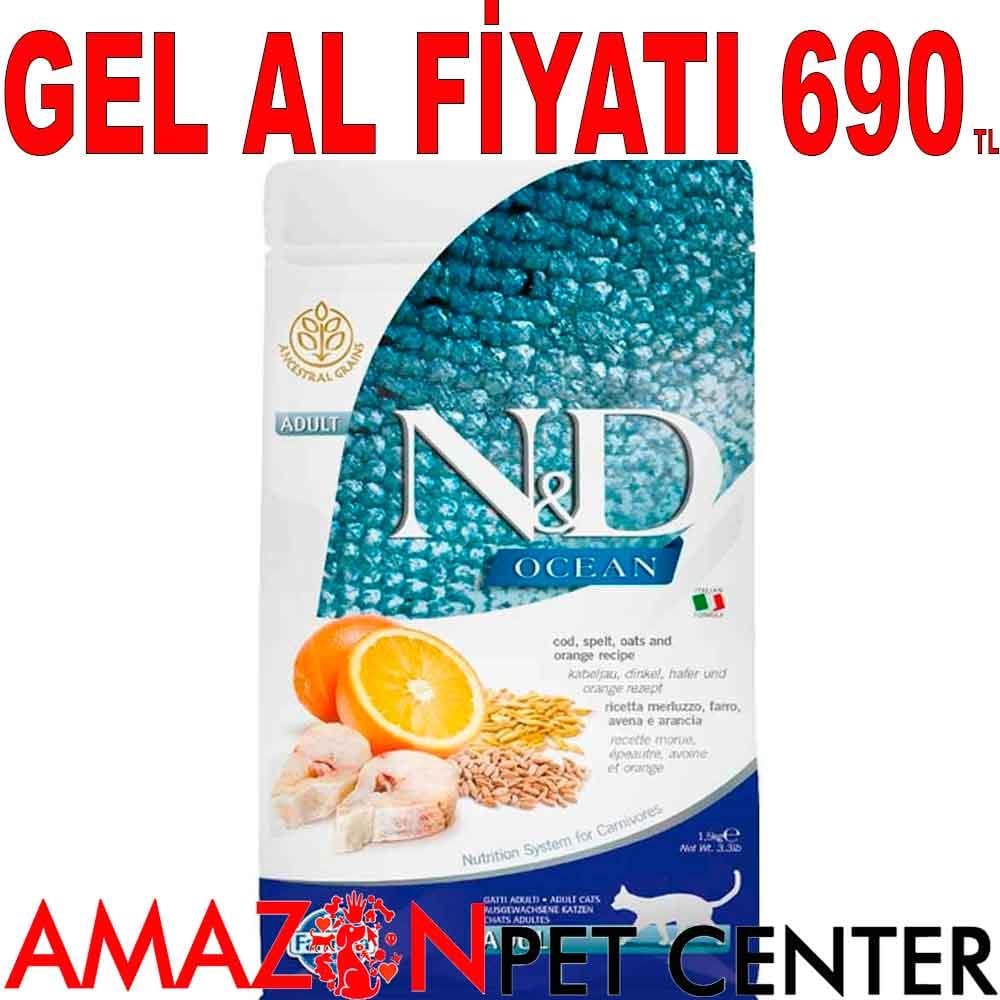 ND Ocean Morina Balıklı ve Portakallı Düşük Tahıllı Yetişkin Kedi Maması 1,5 Kg 18572001 Amazon Pet Center