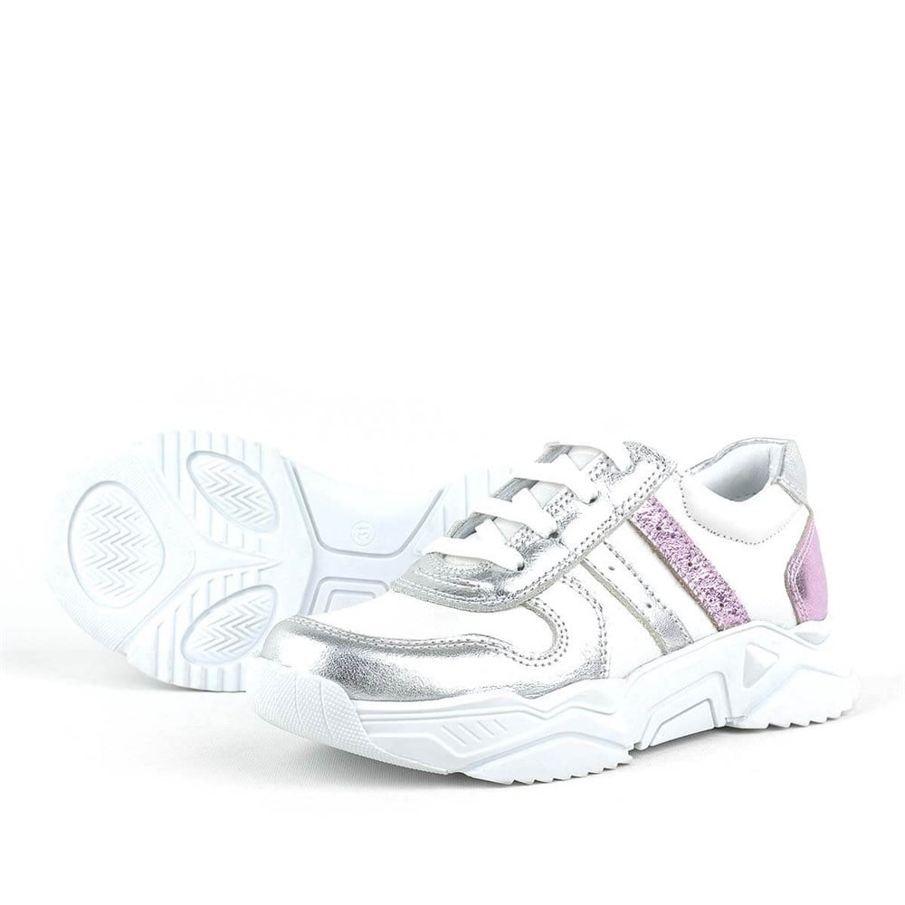 Deri Gümüş Pembe Kalın Tabanlı Kız Çocuk Sneaker