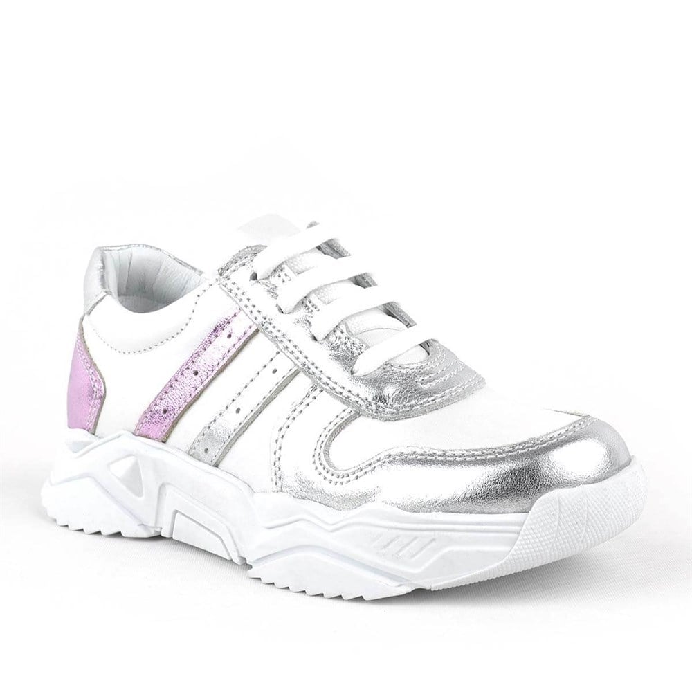 Hakiki Deri Gümüş Pembe Kalın Tabanlı Kız Çocuk Sneaker