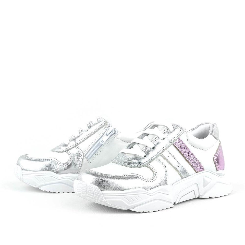 Deri Gümüş Pembe Kalın Tabanlı Kız Çocuk Sneaker