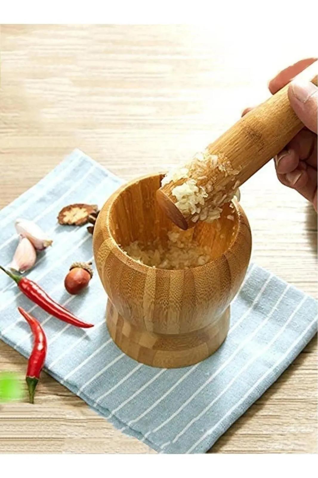 Ahşap Havan Bambu Sarımsak Ezeceği Havan Orta Boy