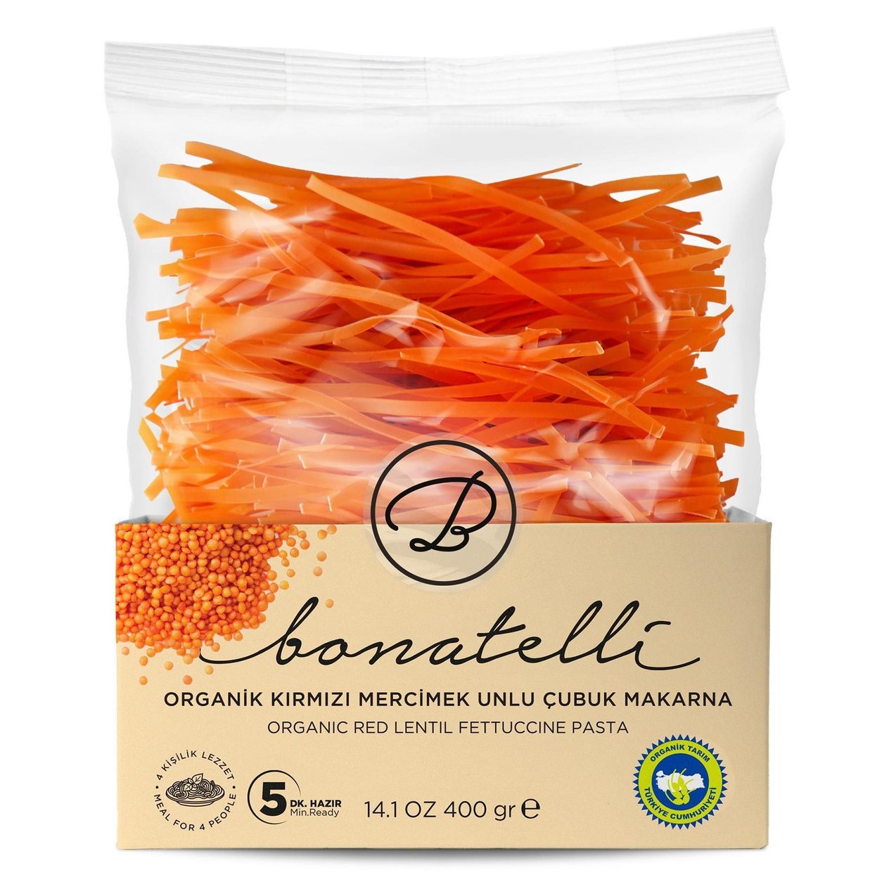Bonatelli Organik Kırmızı Mercimek Unlu Çubuk Makarna 400 g e