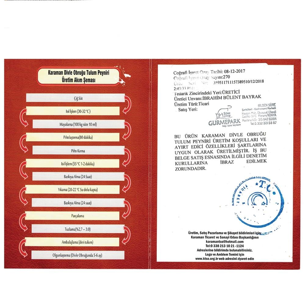 Gurmepark Karaman Divle Obruk Tulum Peyniri 500 g e