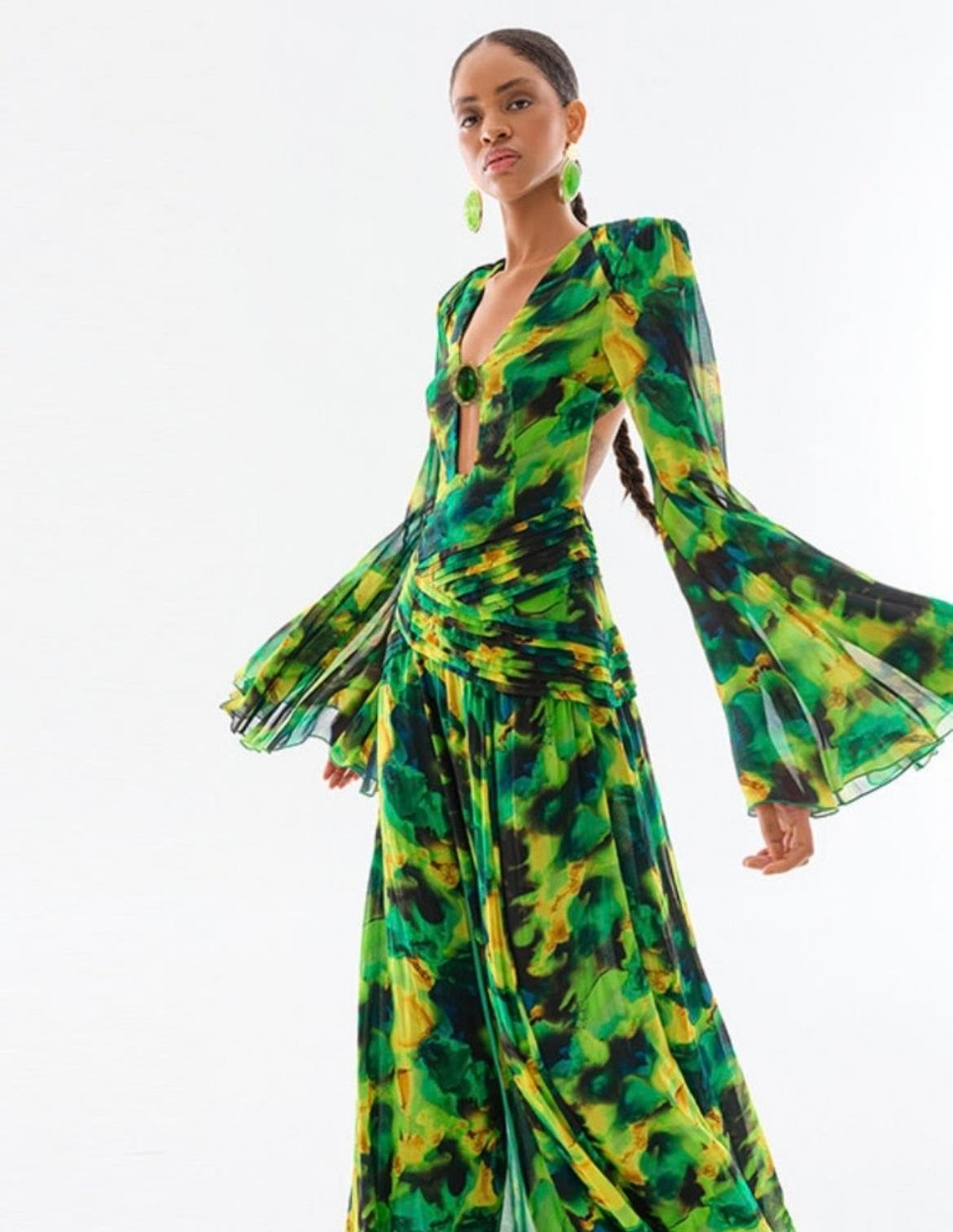 Yeşil Maxi Floral Tasarım Elbise