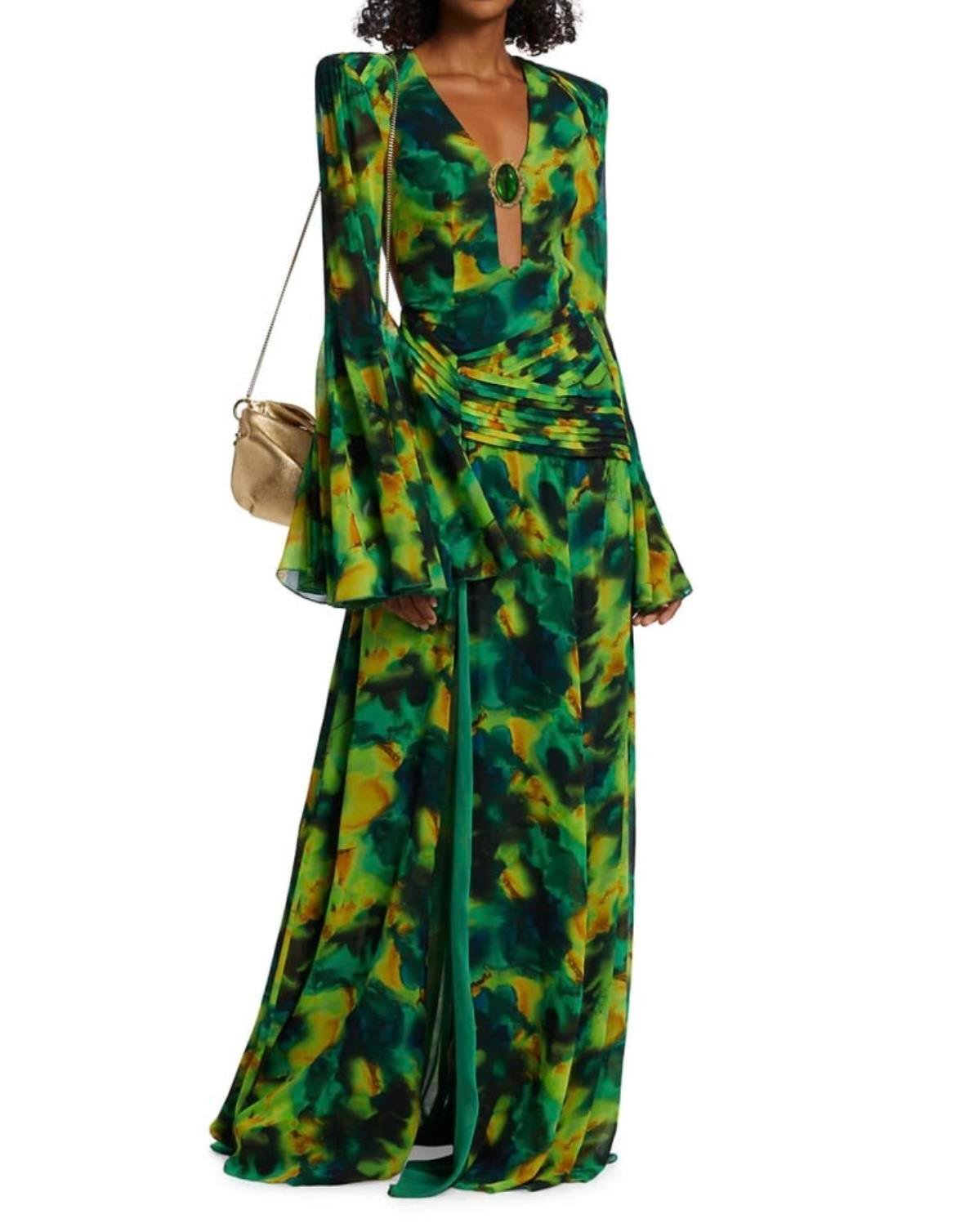 Yeşil Maxi Floral Tasarım Elbise