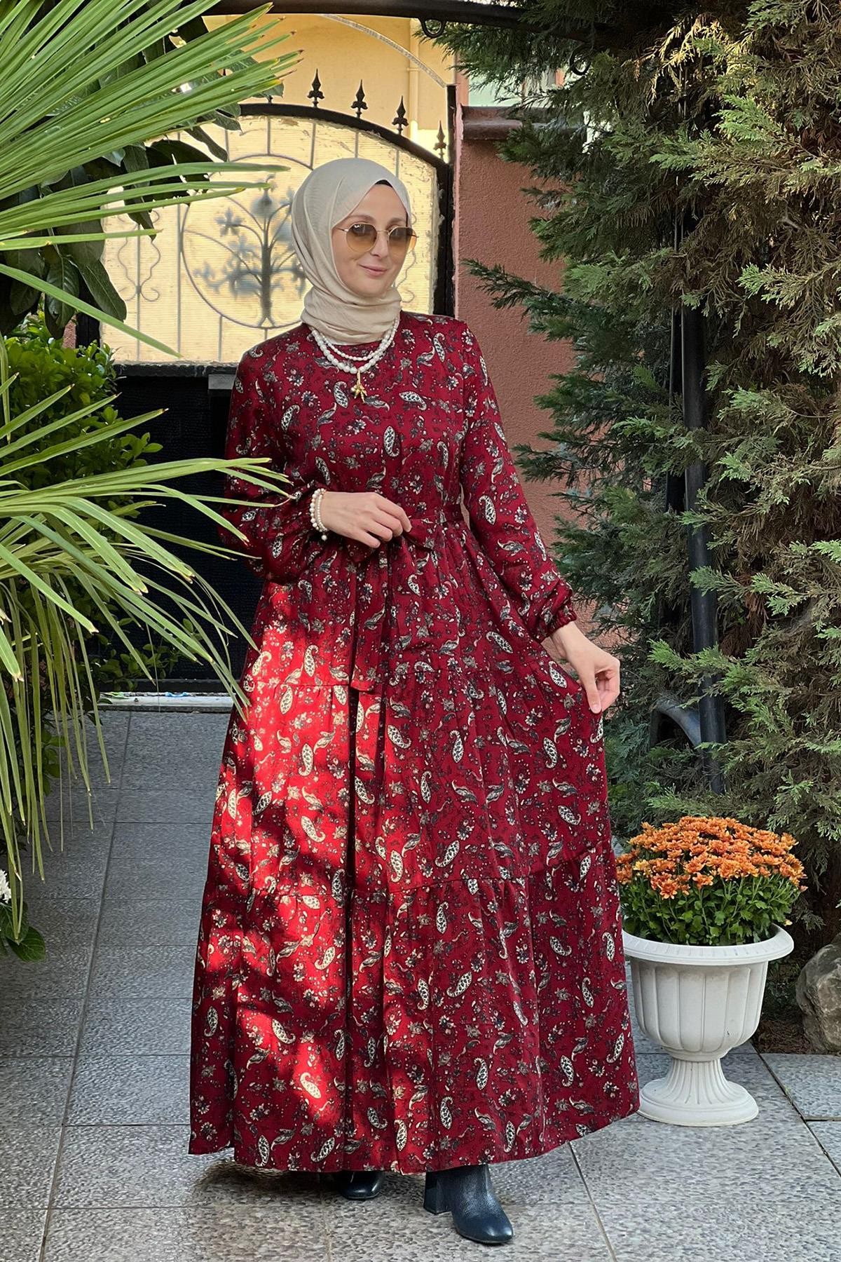 Duru Bordo Şal Desenli Büzgülü Elbise