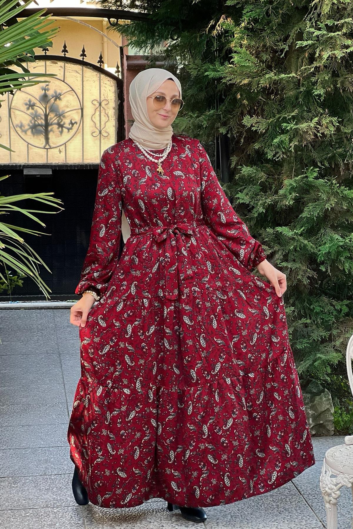 Duru Bordo Şal Desenli Büzgülü Elbise