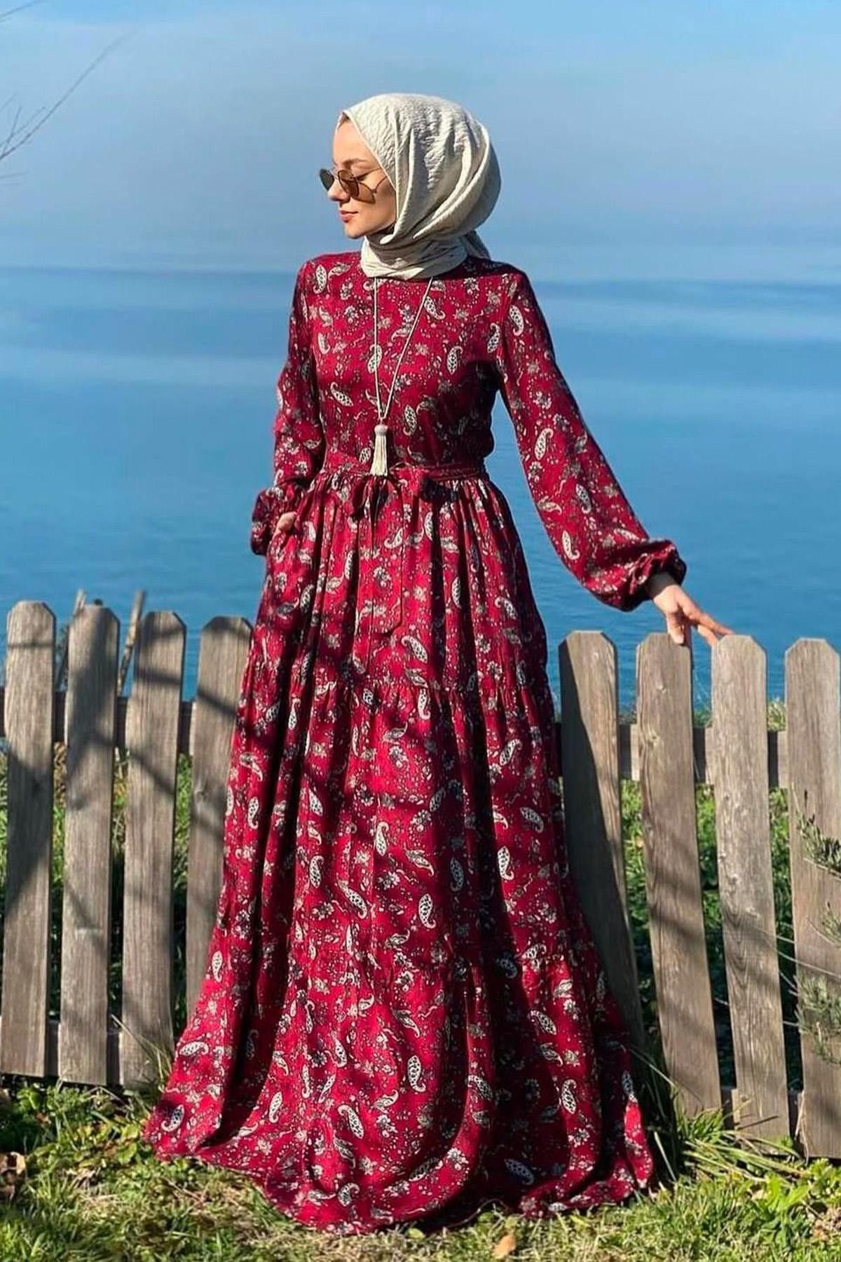 Duru Bordo Şal Desenli Büzgülü Elbise