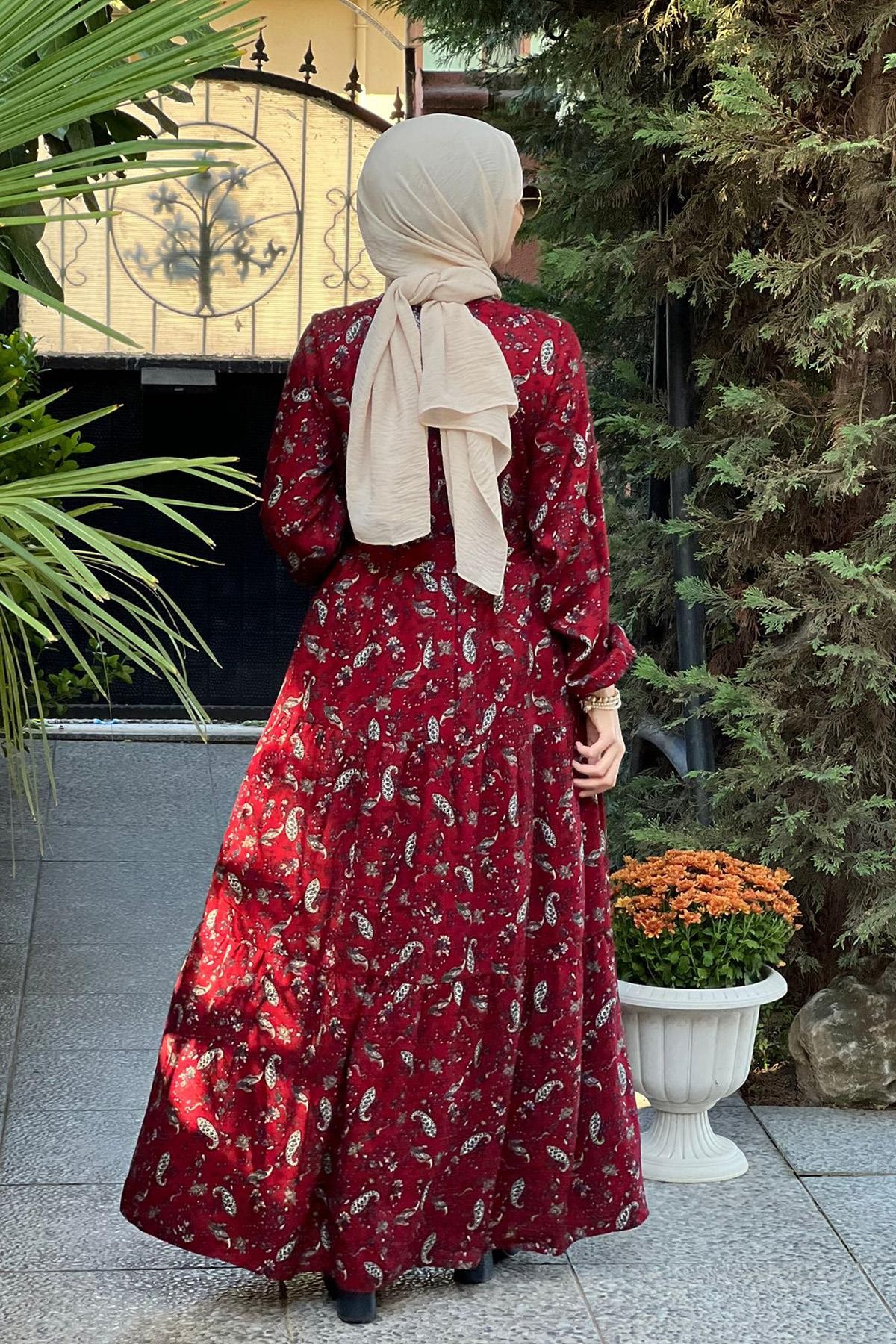 Duru Bordo Şal Desenli Büzgülü Elbise