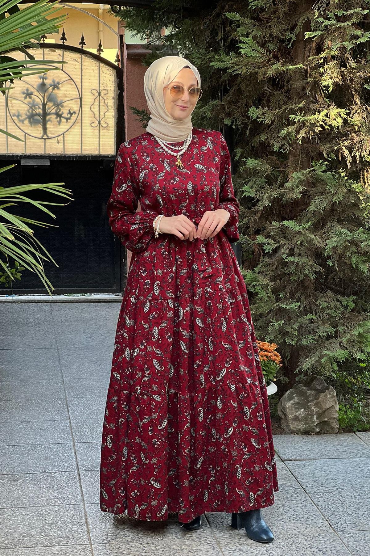 Duru Bordo Şal Desenli Büzgülü Elbise