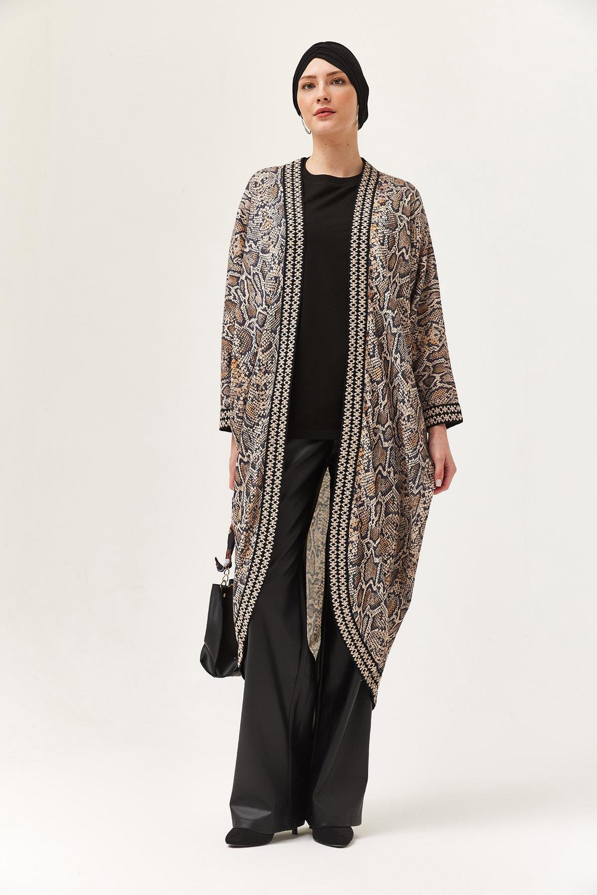 Oversize Şerit Detaylı Kimono Hırka Vizon
