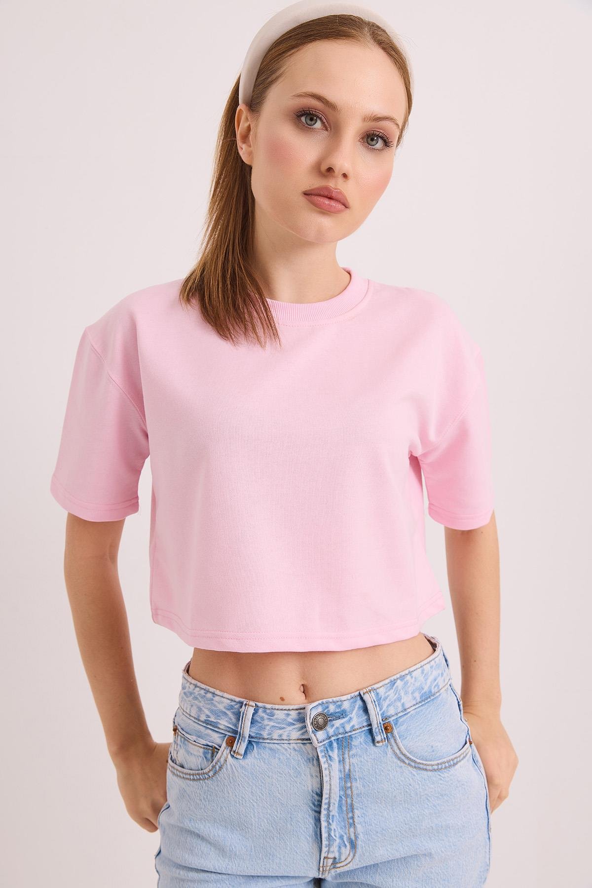 Bisiklet Yaka İki İplik Crop Bluz Açık Pembe