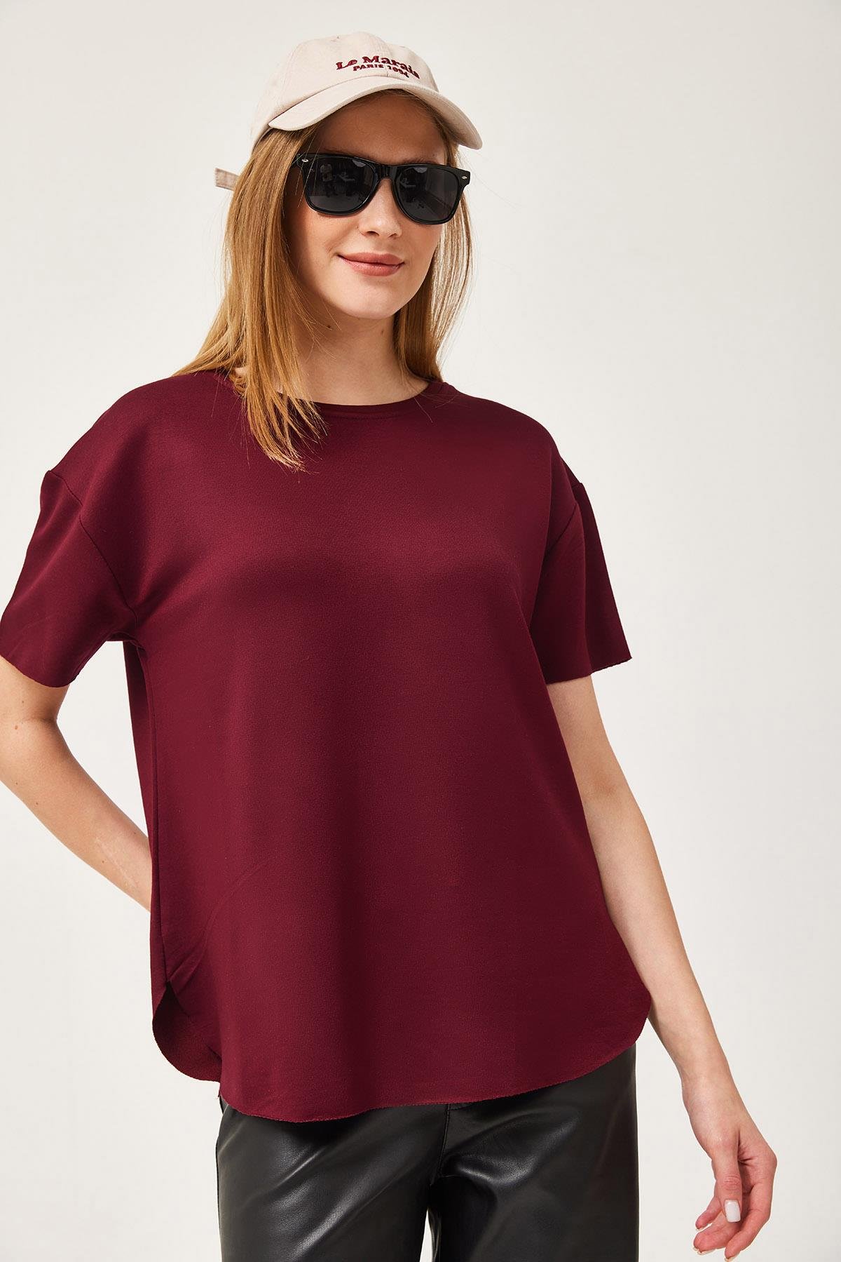 Oysh Yumuşak Dokulu Eteği Oval Modal Tshirt Bordo