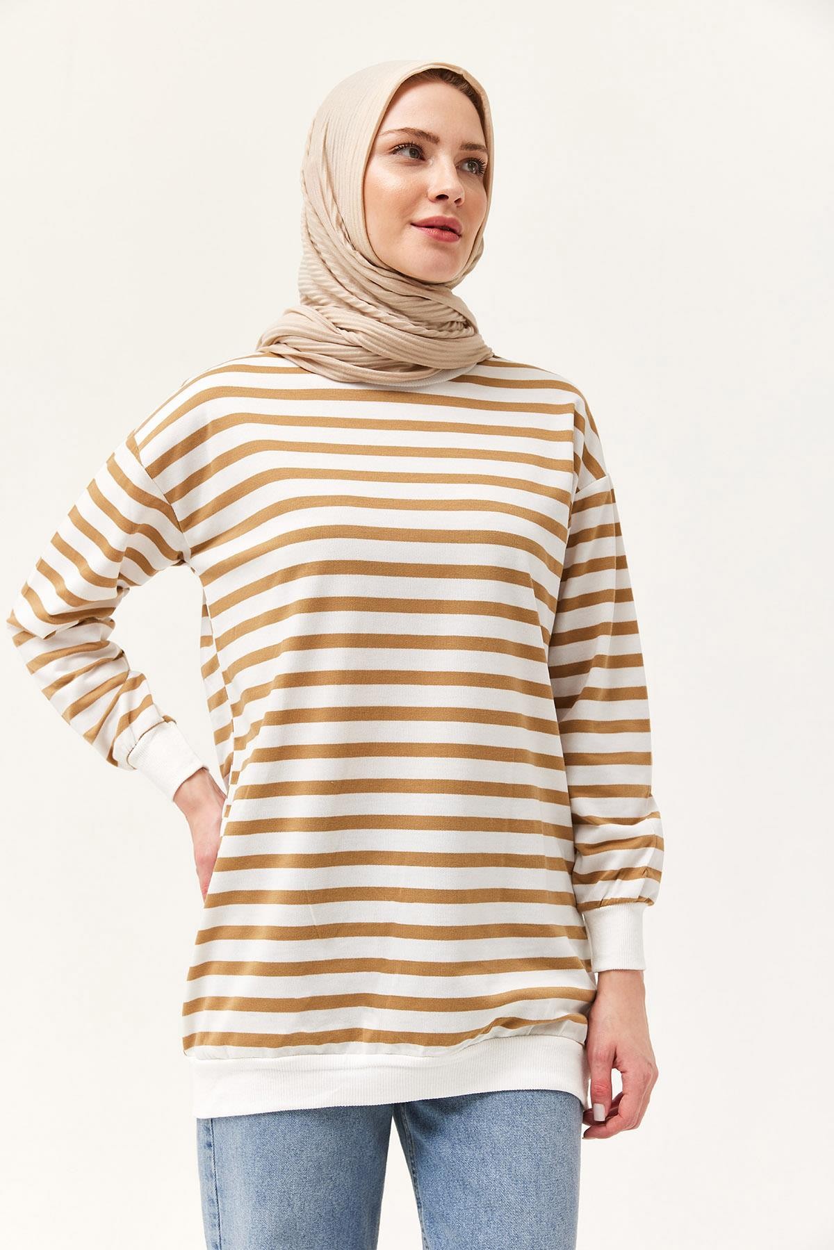 Çizgili Oversize Tunik Vizon
