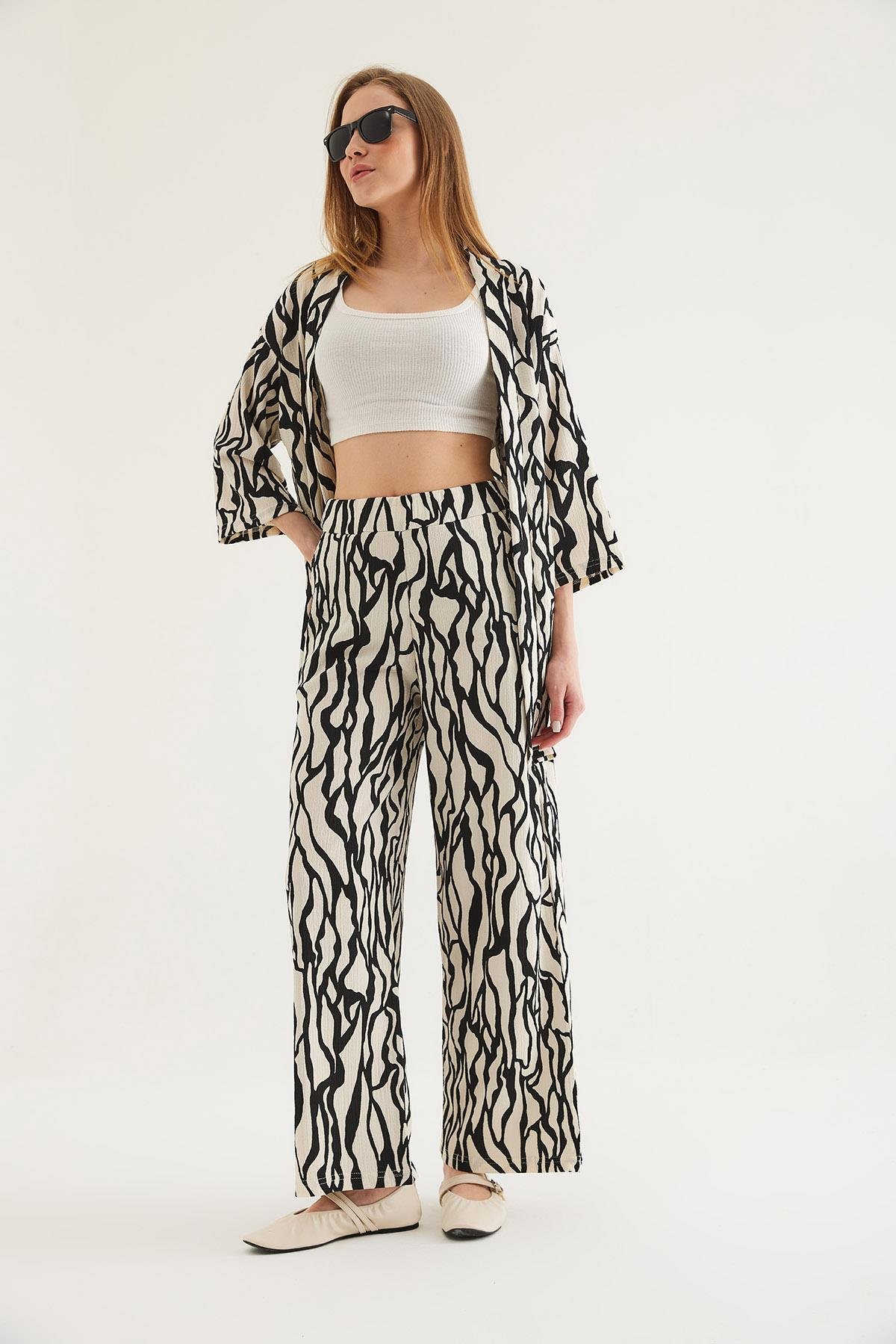 Kimono Pantolon Krinkıl Kadın İkili Takım Siyah