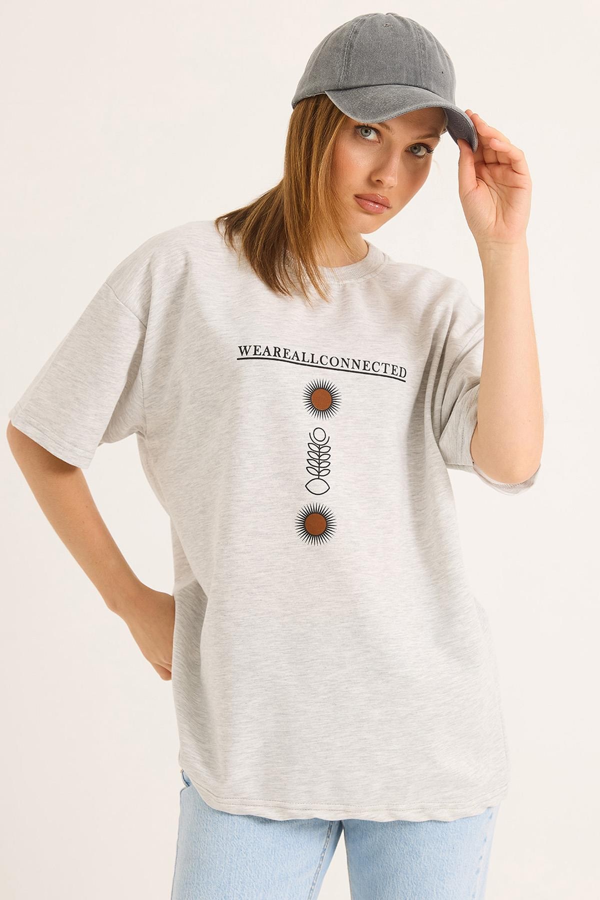 Bisiklet Yaka Kısa Kol Baskılı Tshirt Gri