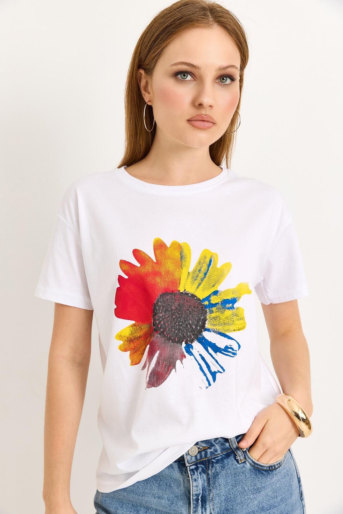 Çiçek Baskılı Pamuk Örme Tshirt