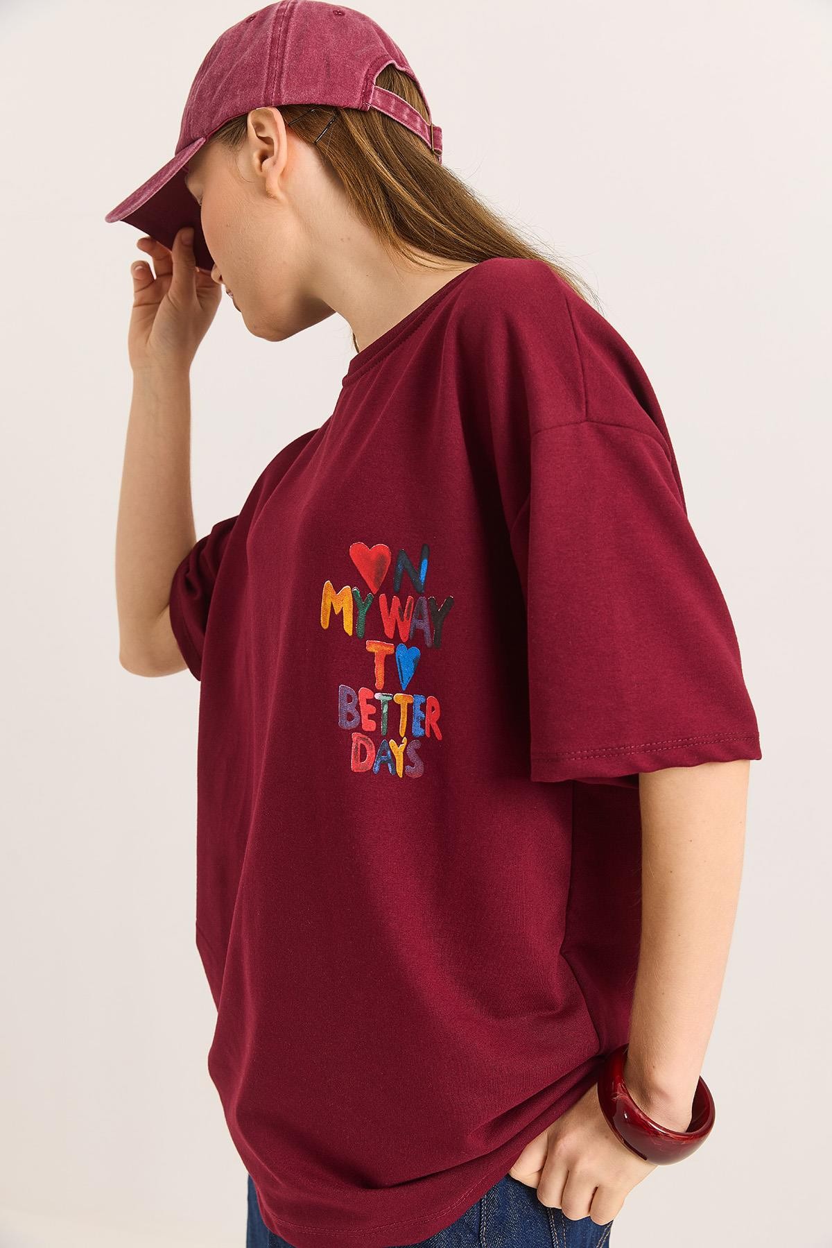 My Way Ön ve Arka Baskılı Rahat Kalıp Tshirt Bordo