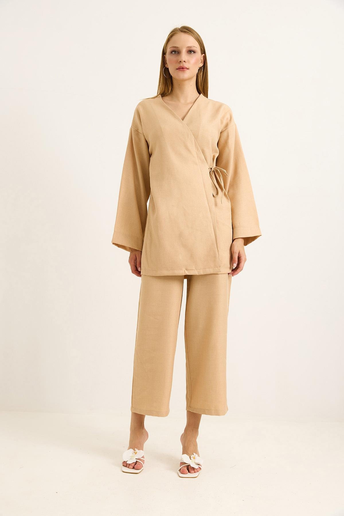 Yandan Bağlamalı Kimono Pantolon İkili Takım Vizon