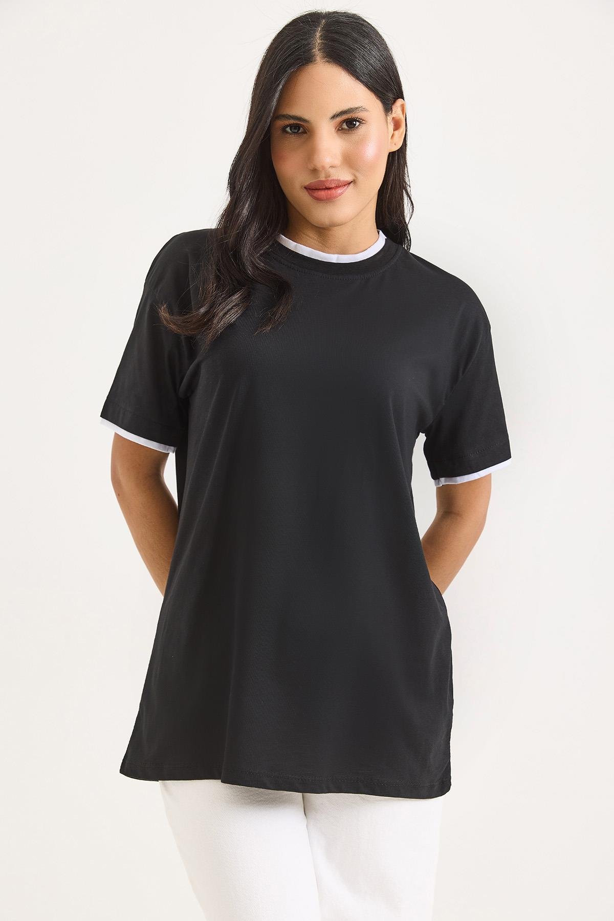 Bisiklet Yaka Kolları Garnili Kadın T-shirt Siyah
