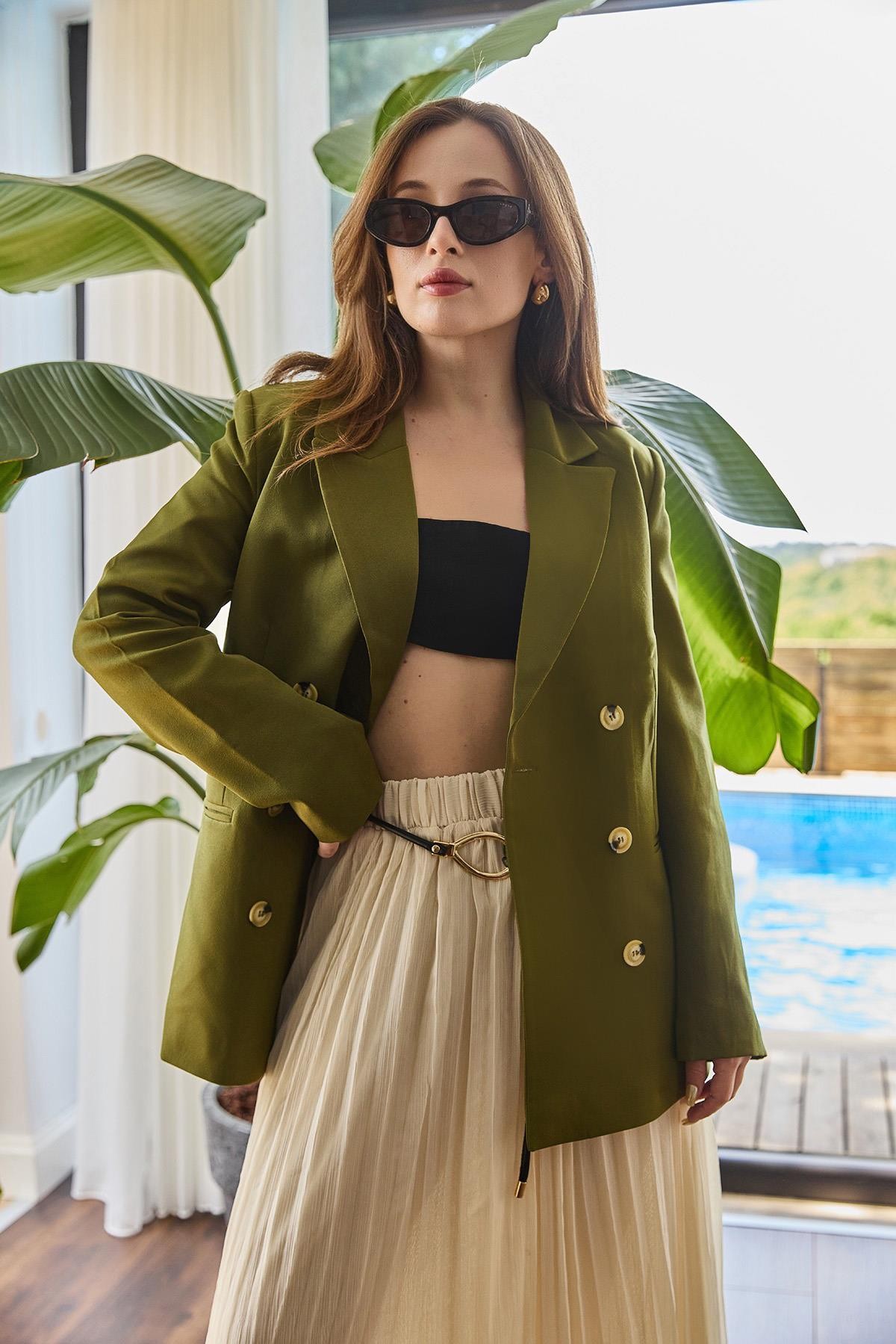 Oversize Astarlı Kruvaze Kapama Blazer Ceket Haki