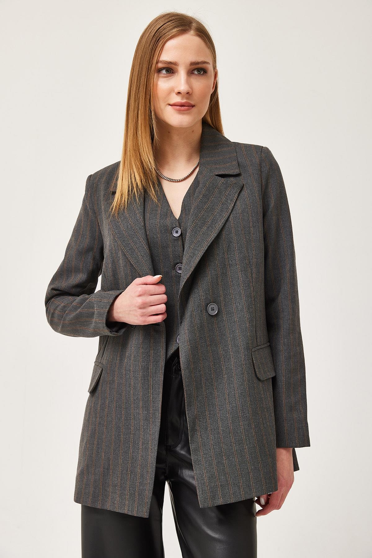 Oversize Kapaklı Cep Blazer Ceket Füme
