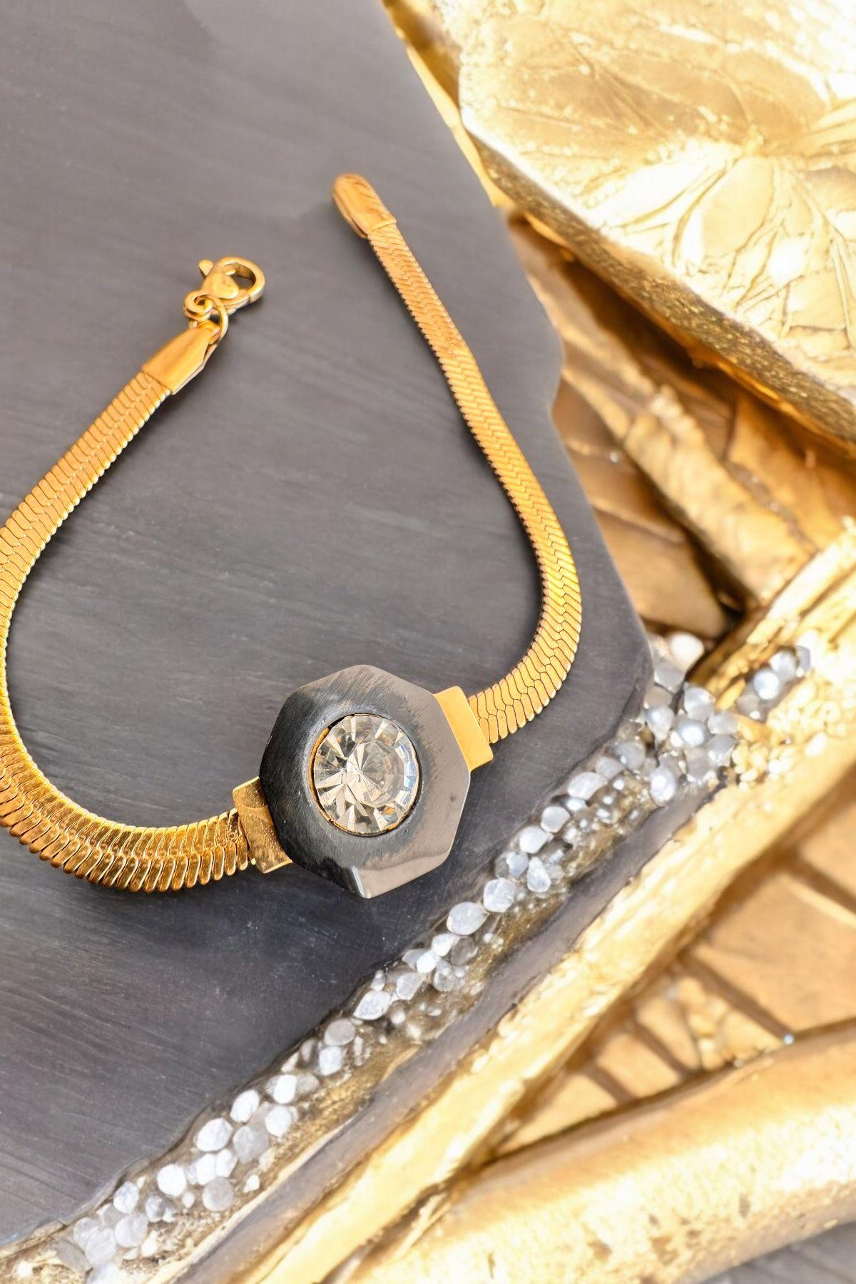 Gold Siyah Taşlı Çelik  Bileklik Gold