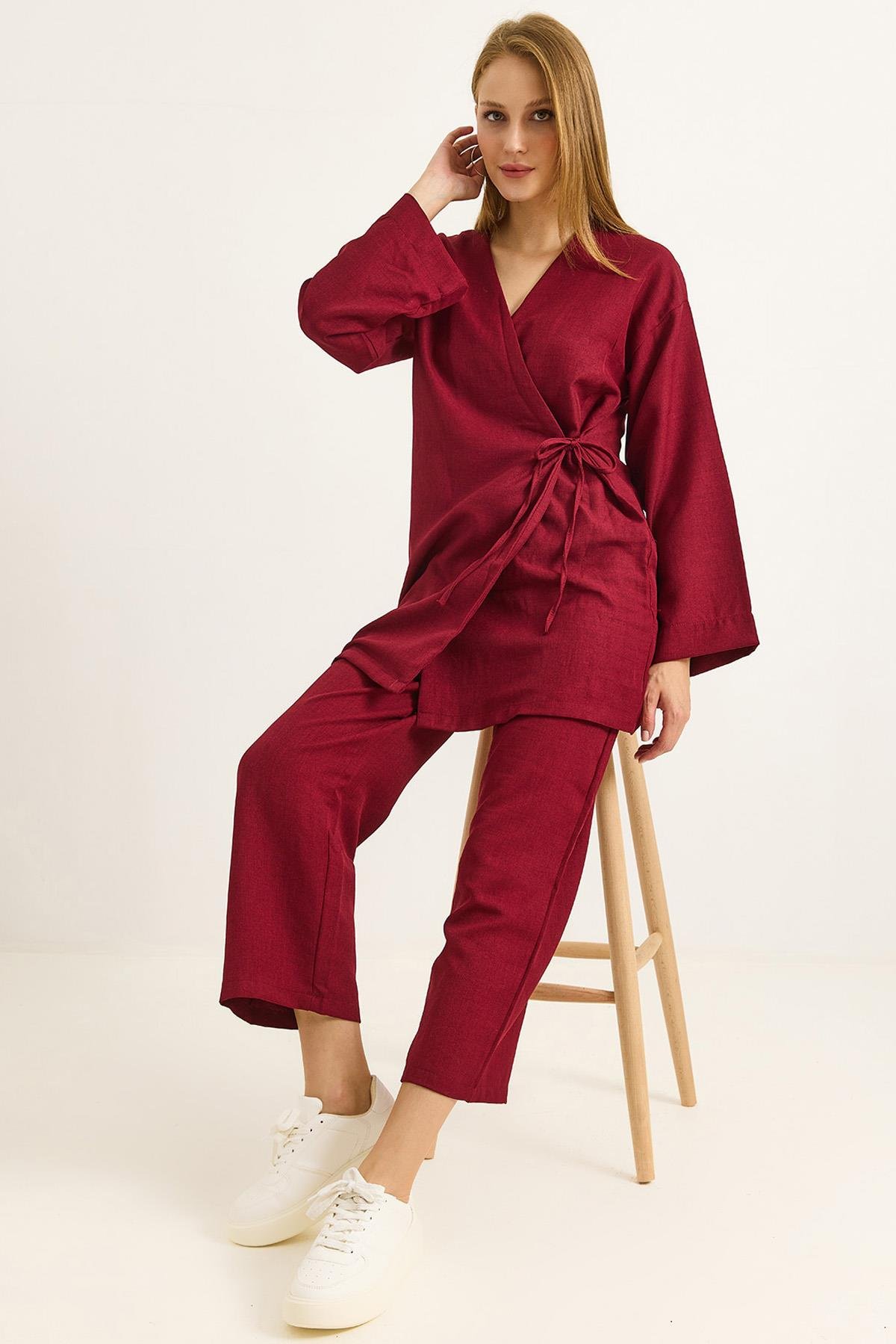 Yandan Bağlamalı Kimono Pantolon İkili Takım Bordo