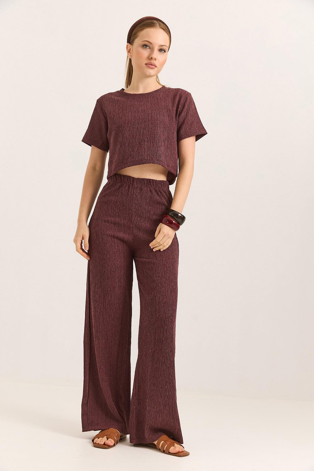 Bürümcük Kumaş İkili Crop Takım  Bordo