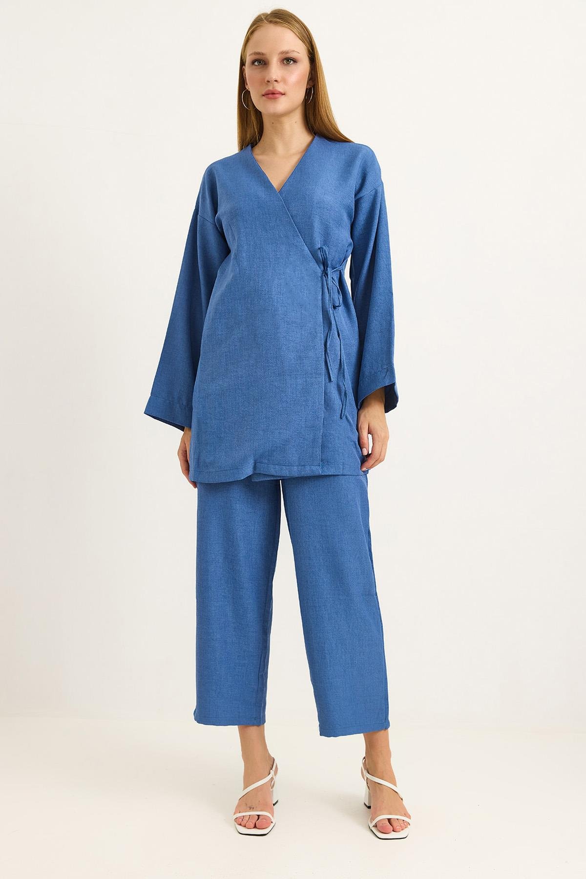 Yandan Bağlamalı Kimono Pantolon İkili Takım Mavi