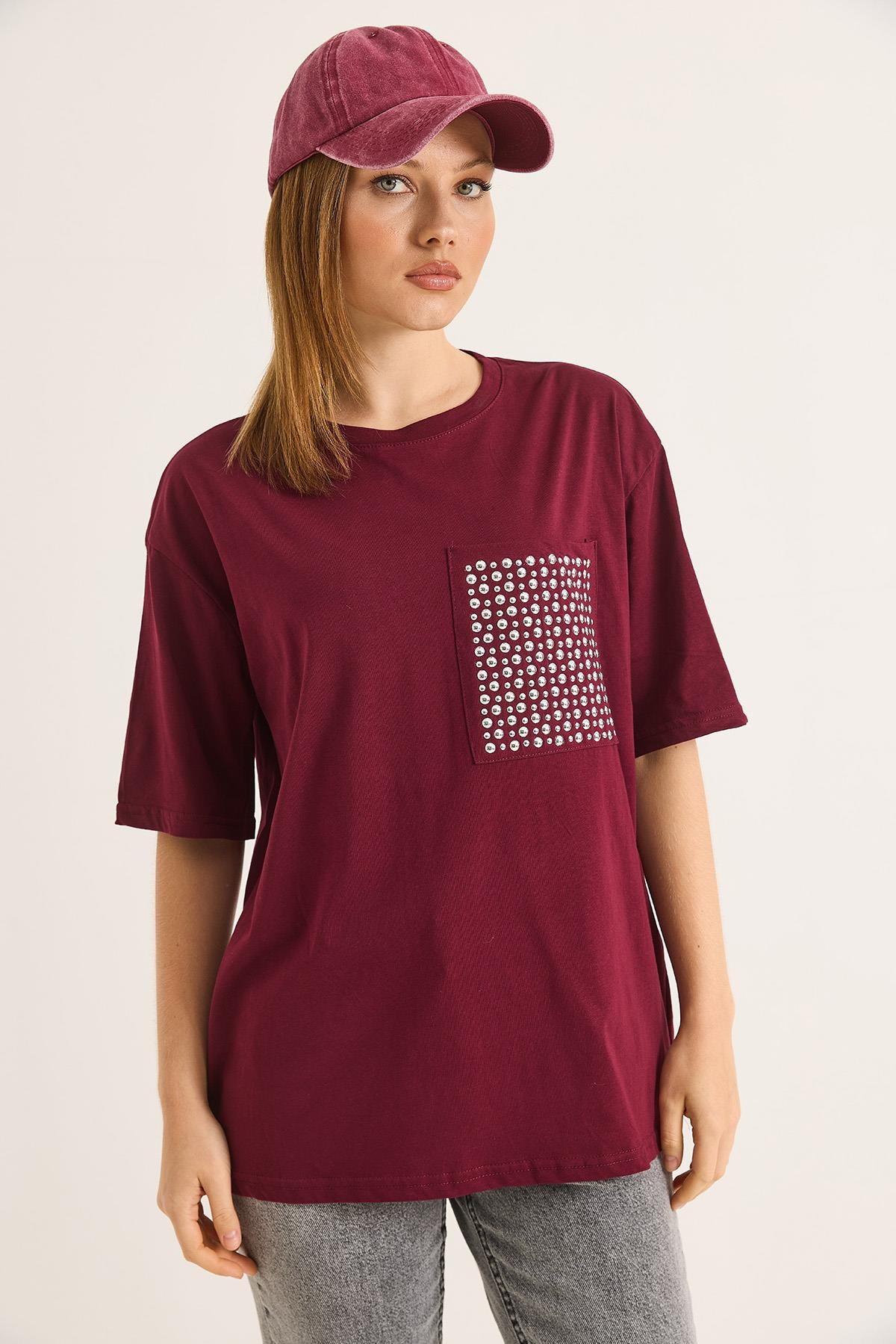 Bisiklet Yaka Taş Detaylı Cepli Tshirt Bordo
